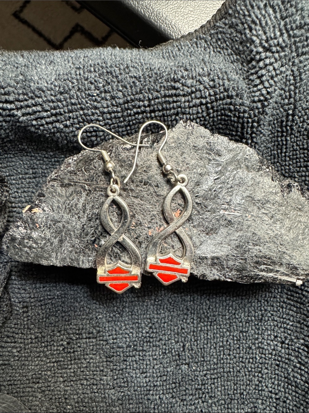 Vintage Harley-Davidson Red Enamel Bar & Shield Infinity Loop Earrings
